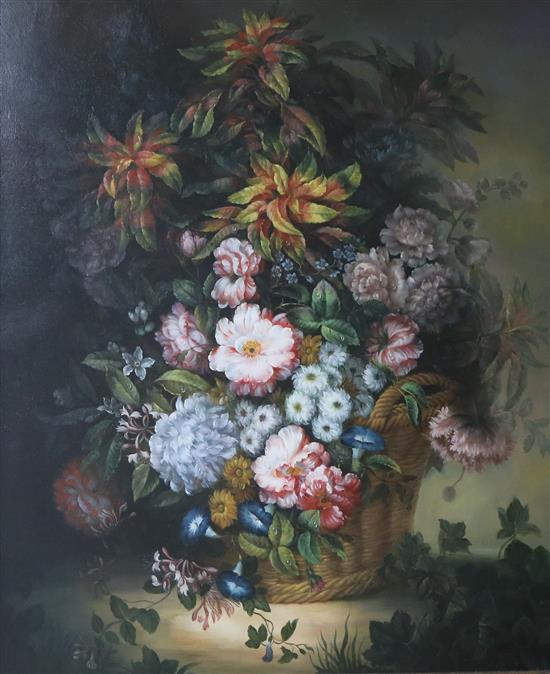 Flemish School Still life of flowers in a basket 59 x 49cm